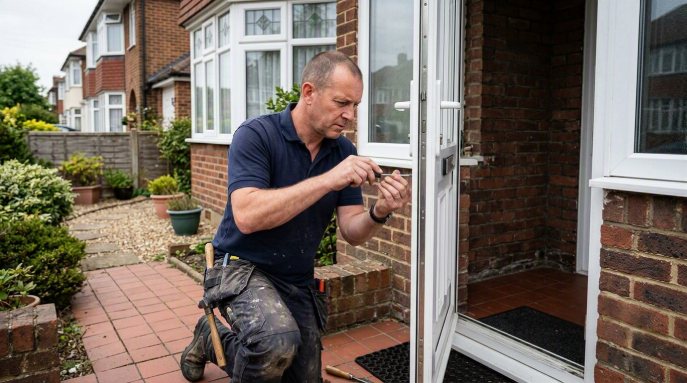 Handyman adjusting the multipoint lock mechanism on a white uPVC front door of a 1930s semi in Slough, Berkshire
