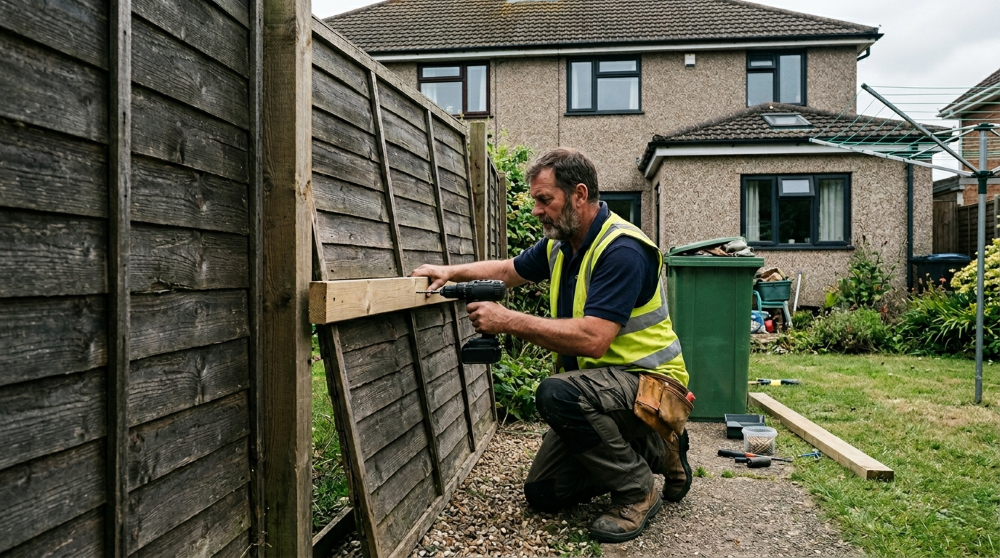 Handyman assembling a flat-pack wardrobe in the bedroom of a modern Hampshire new-build home