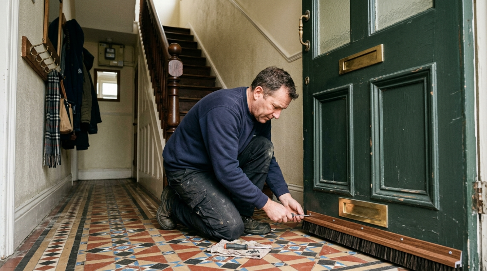 Handyman weatherproofing and repainting a salt-weathered sash window on a Victorian seafront villa in Mumbles, Swansea