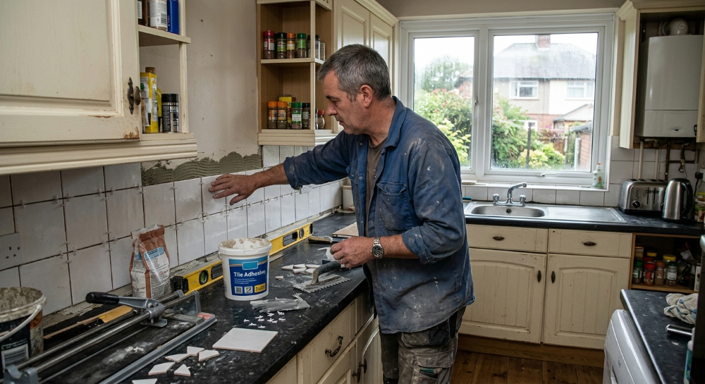 Handyman fixing ceramic tiles to a kitchen splashback above the worktop in a semi in the commuter village of Marford, Wrexham