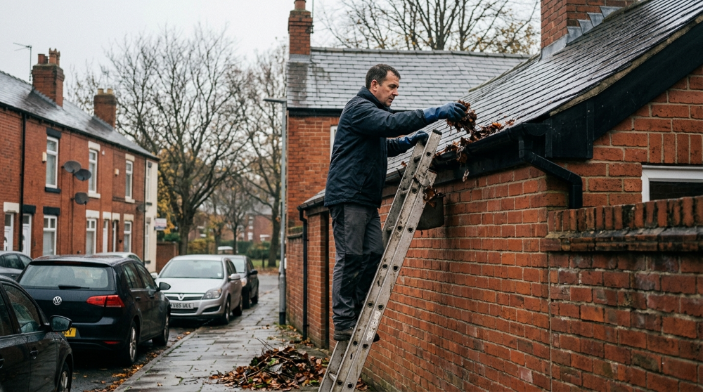 Homeowner clearing autumn leaves from the gutter of a UK house