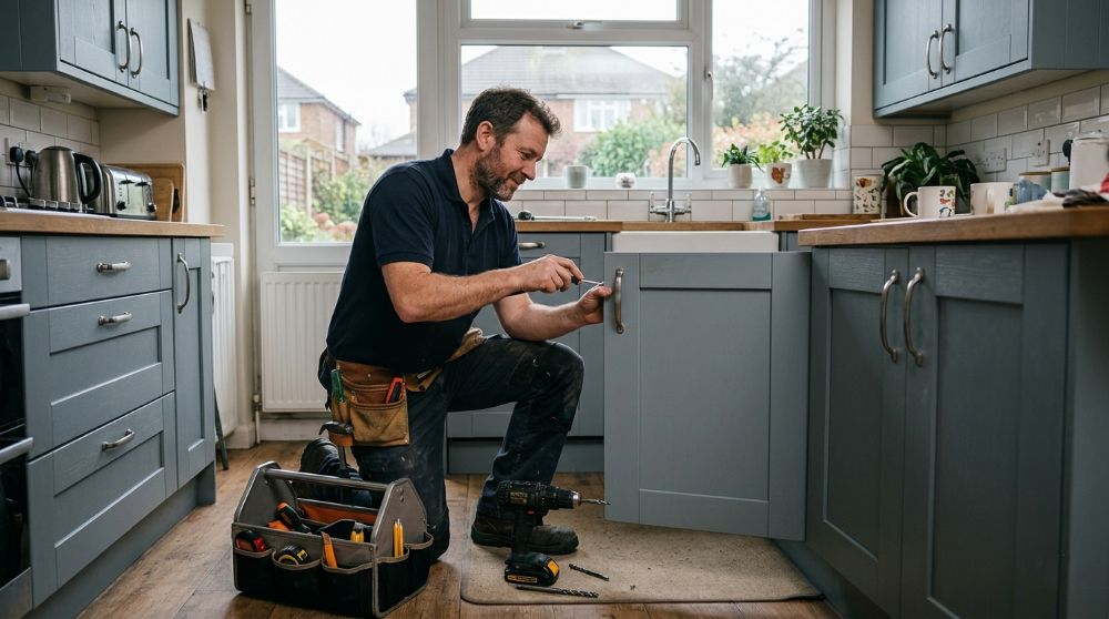 UK handyman fitting a shelf in a British home