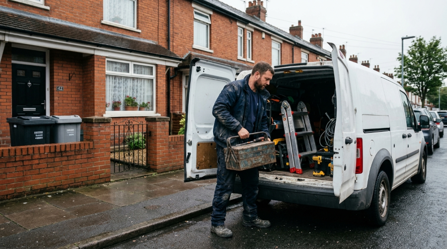 Self-employed handyman loading tools into a van outside a UK house