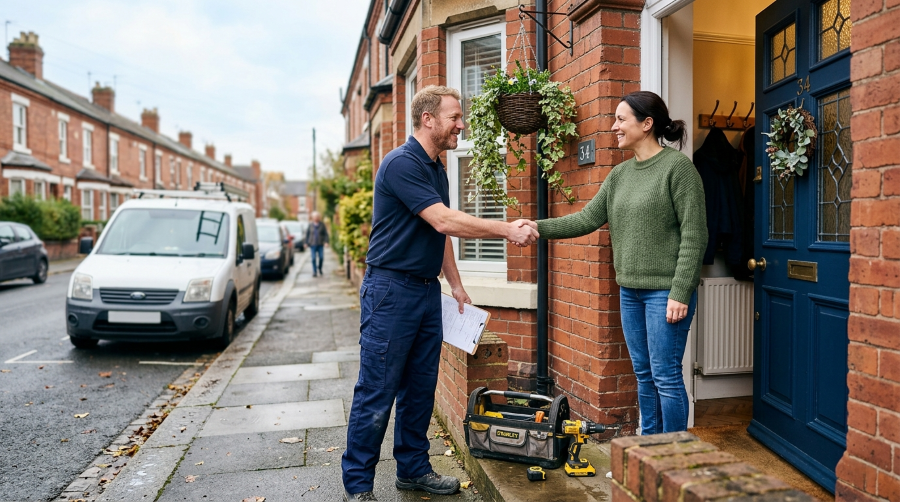 UK homeowner shaking hands with a handyman on a doorstep