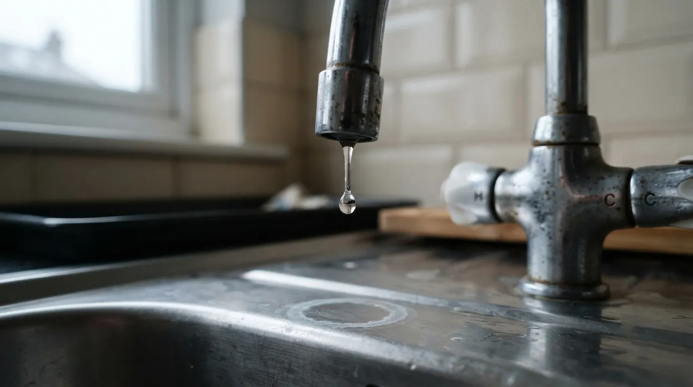 A chrome kitchen mixer tap dripping into a stainless steel sink in a UK kitchen