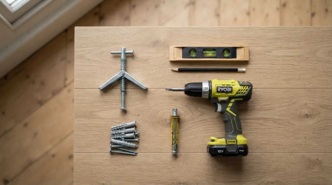 Plasterboard fixings, a drill and a level laid out ready to hang a mirror on a UK wall