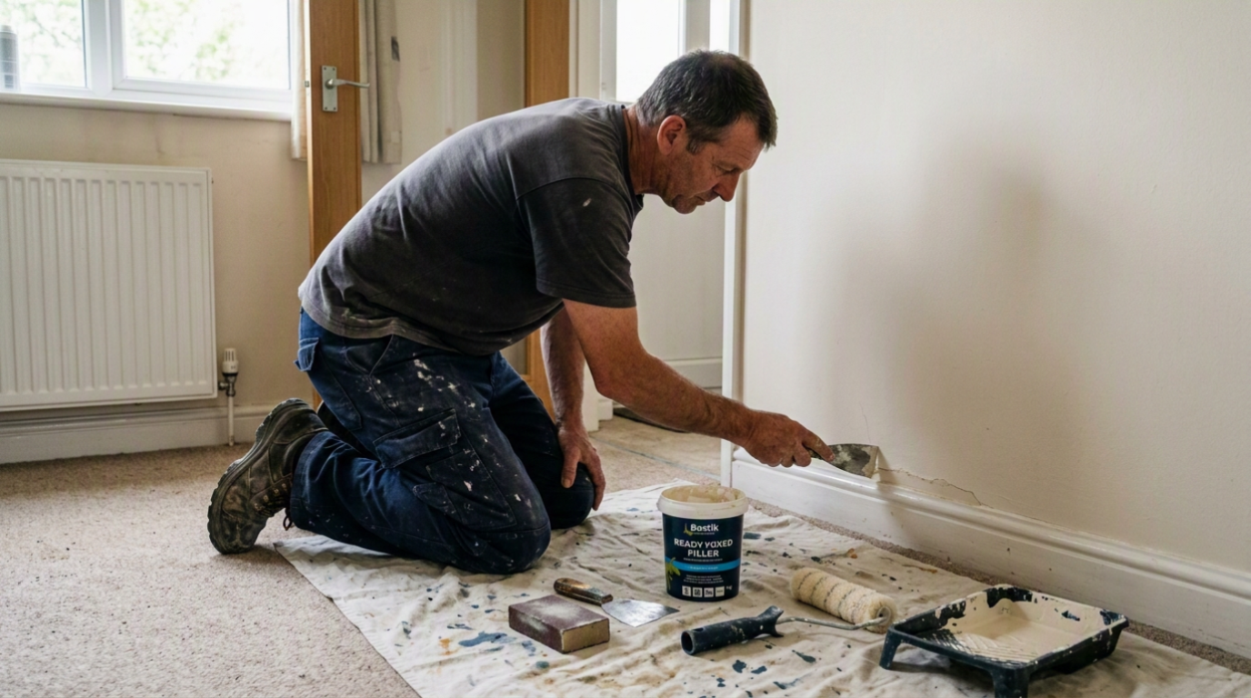 Handyman filling and repainting a hairline crack in the wall of an Aylesbury Vale home settled on shrink-swell clay, Buckinghamshire