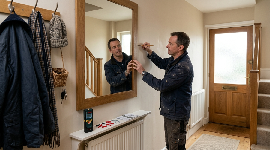 UK homeowner talking with a handyman at the front door with a written quote