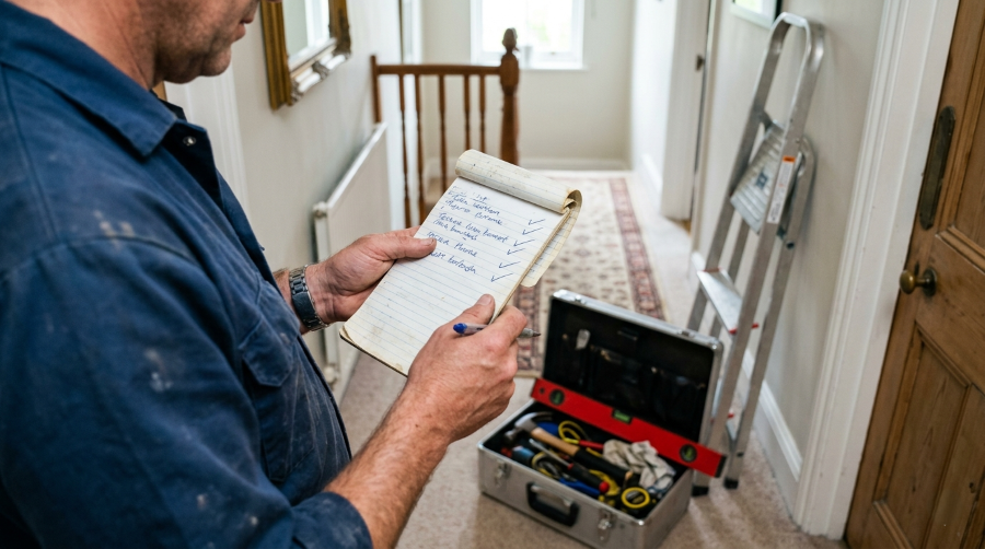 UK handyman assembling flat-pack furniture in a living room with tools laid out